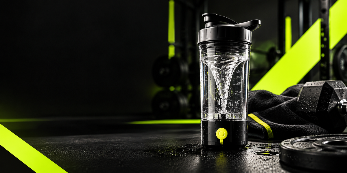 EasyMuscle electric shaker cup with neon lime accents in a dark gym